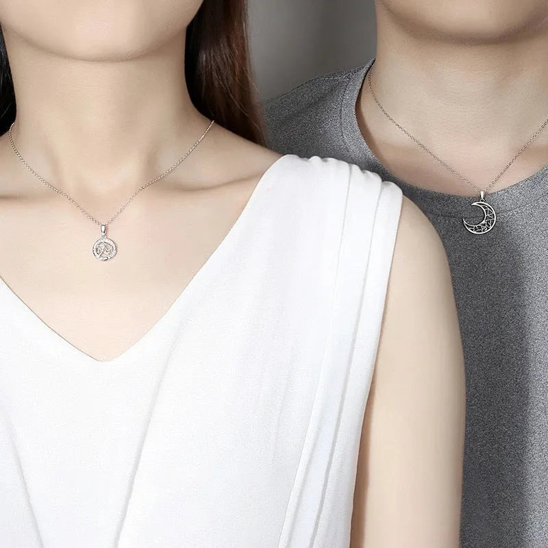 Sun and moon couple necklace set with electroplated copper pendants on cross chain