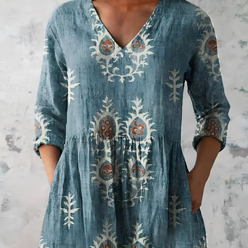 Women's wave pattern printed dress with 3/4 sleeves and loose fit