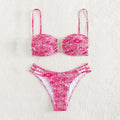 Women's floral bikini swimsuit with high-waist briefs in blue, orange, pink and rose red colour options