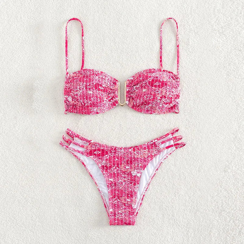 Women's floral bikini swimsuit with high-waist briefs in blue, orange, pink and rose red colour options