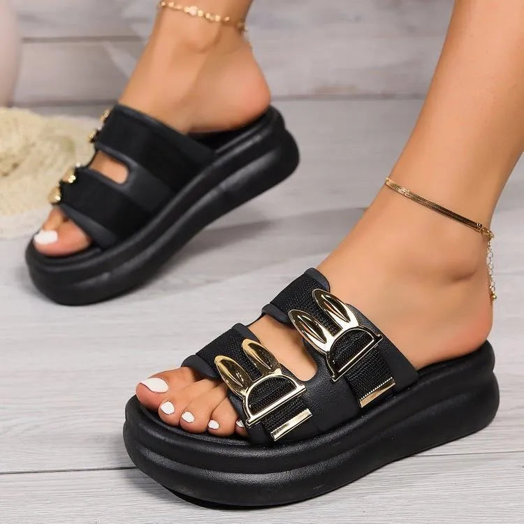 Women's thick bottom slippers in apricot colour with suede upper and rubber sole
