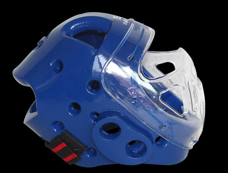 Karate training helmet for head protection, shown in blue colour.