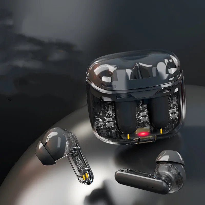 Black wireless Bluetooth earbuds in a transparent charging case with a breathing light.
