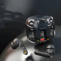 Black wireless Bluetooth earbuds in a transparent charging case with a breathing light.