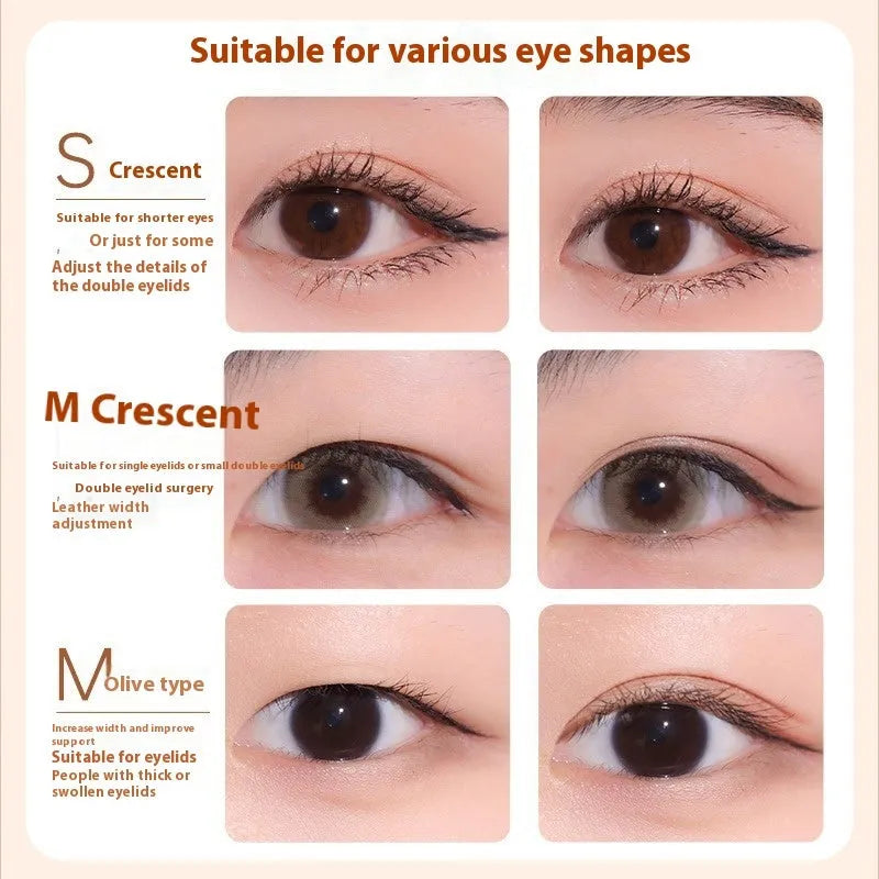 Transparent double eyelid stickers in crescent and olive shapes on roll packaging