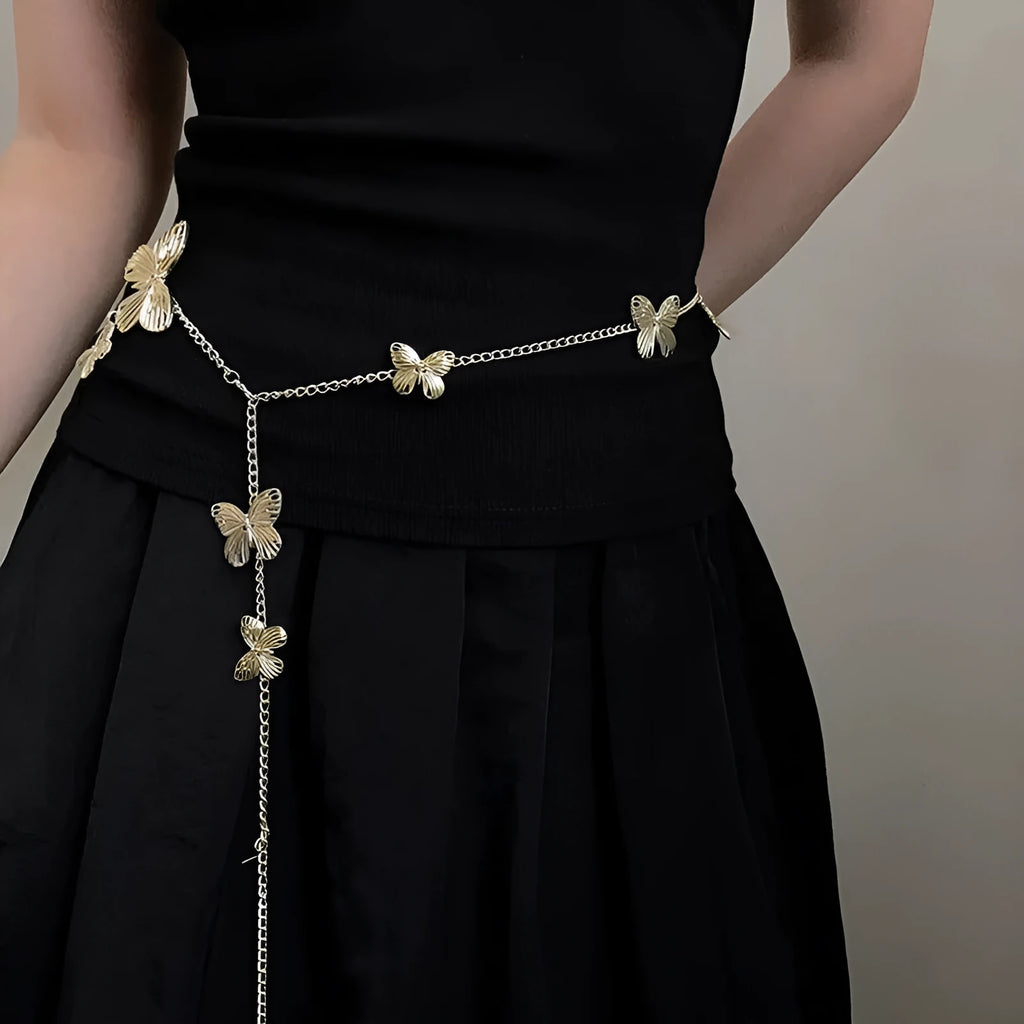Butterfly waist chain in gold or silver alloy, 104cm length with single circle design