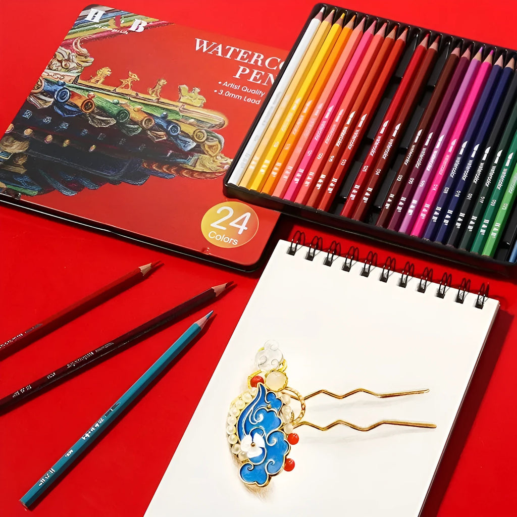 Water-soluble coloured pencils set with 24 colours in metal storage tin for drawing and watercolour techniques