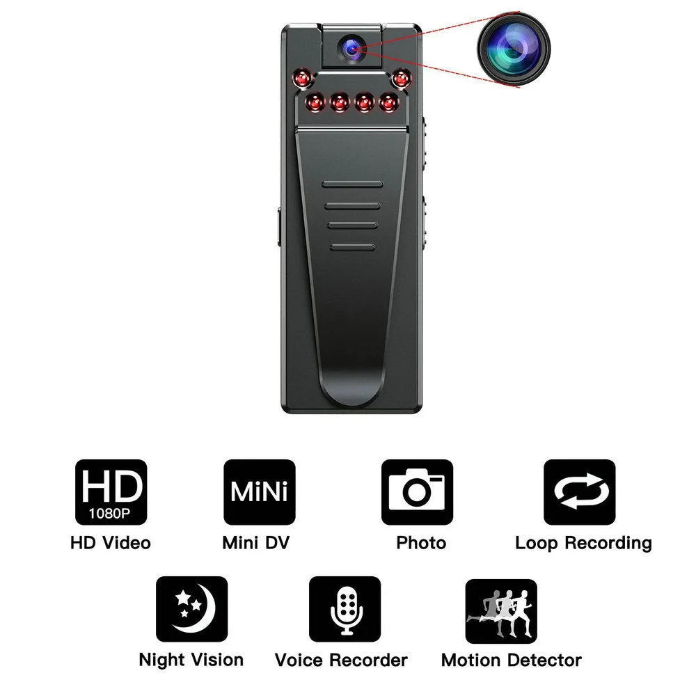 Black 1080p HD DV home camera with 5 metre night vision and 90-degree rotation