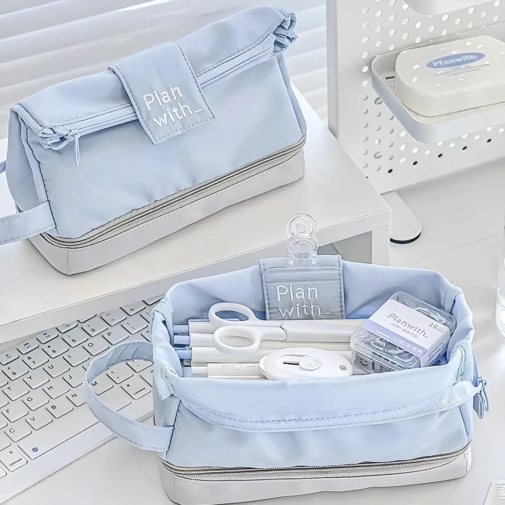 Polyester folding double layer pencil case in beige, blue or navy blue with organised compartments for stationery storage