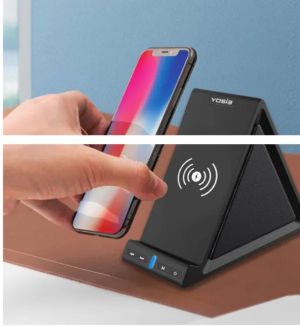 Black multifunctional Bluetooth speaker with built-in mobile phone stand and power bank charging port.