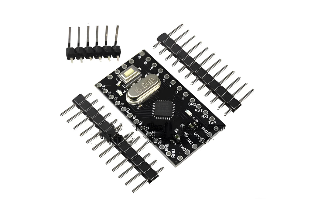 Arduino Mini Pro ATMEGA328P microcontroller board measuring 33.3mm by 18.0mm with pin headers