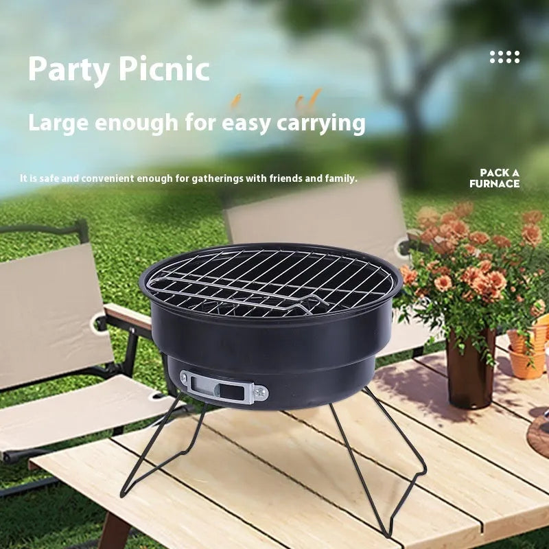 Small folding round ice stove with mesh grill and furnace legs for outdoor barbecue