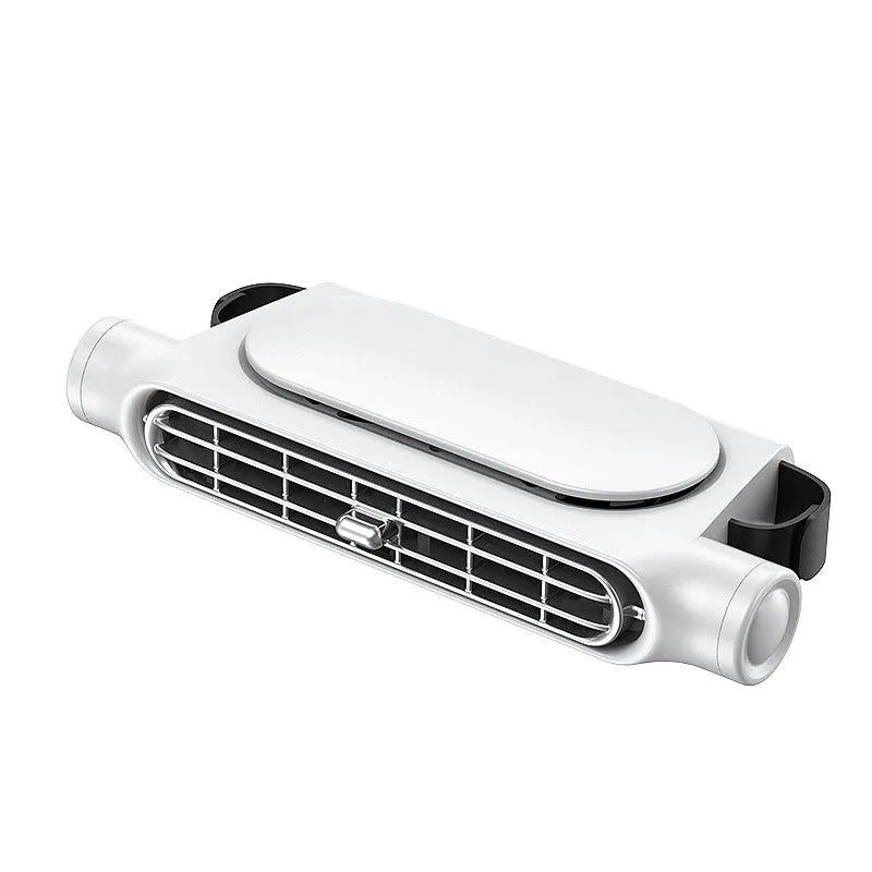 USB plug-in car seat fan with velcro strips and three-speed button in black, white, or beige.