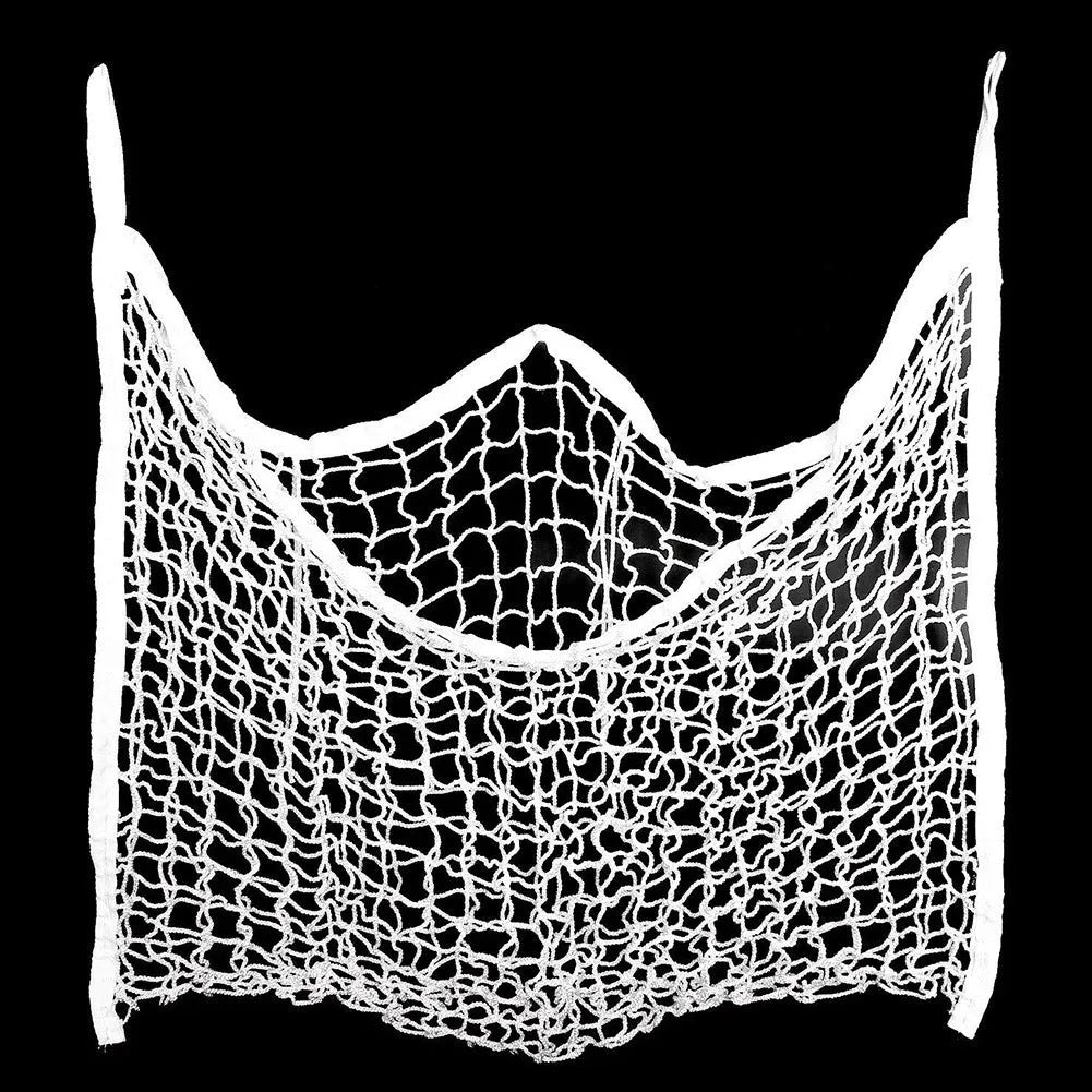 Black woven PE rope horse feeding bag with grid design hanging in stable