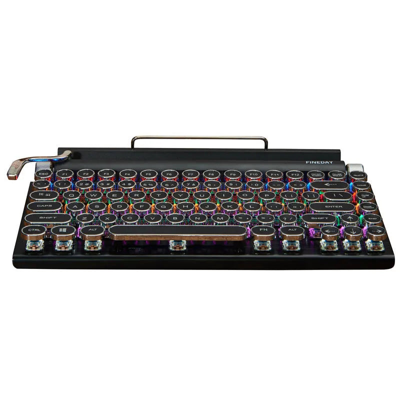 Black retro-style Bluetooth mechanical keyboard with multicolour backlit keys on aluminium frame