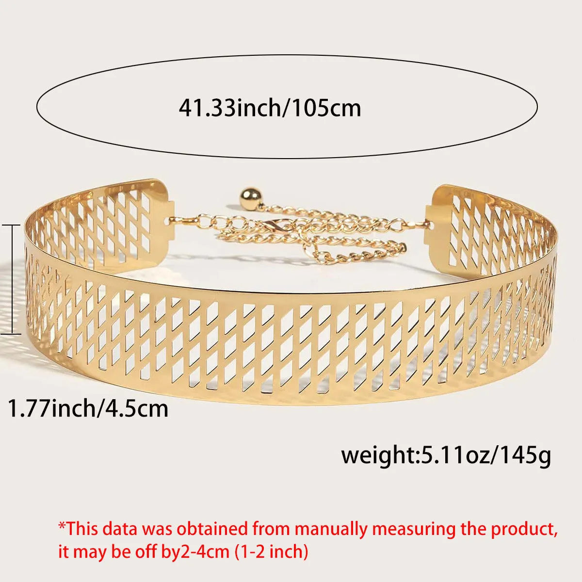 Gold iron waist chain belt with lantern head design, hook closure, 105cm length