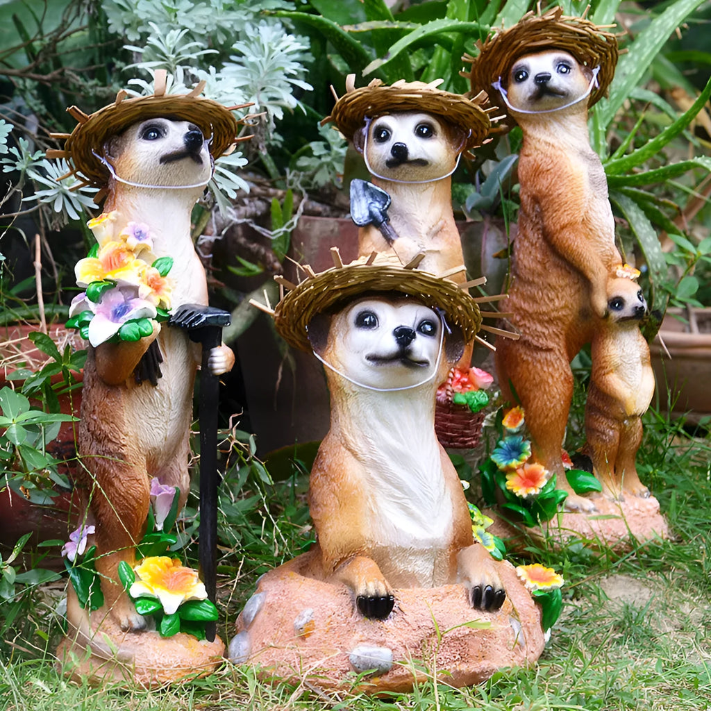 Straw hat mongoose resin ornament for bonsai and garden decoration.