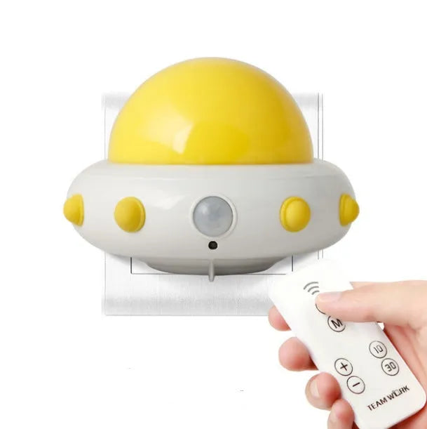 Blue remote control UFO shaped bedside night light with dimensions 105x76x58mm
