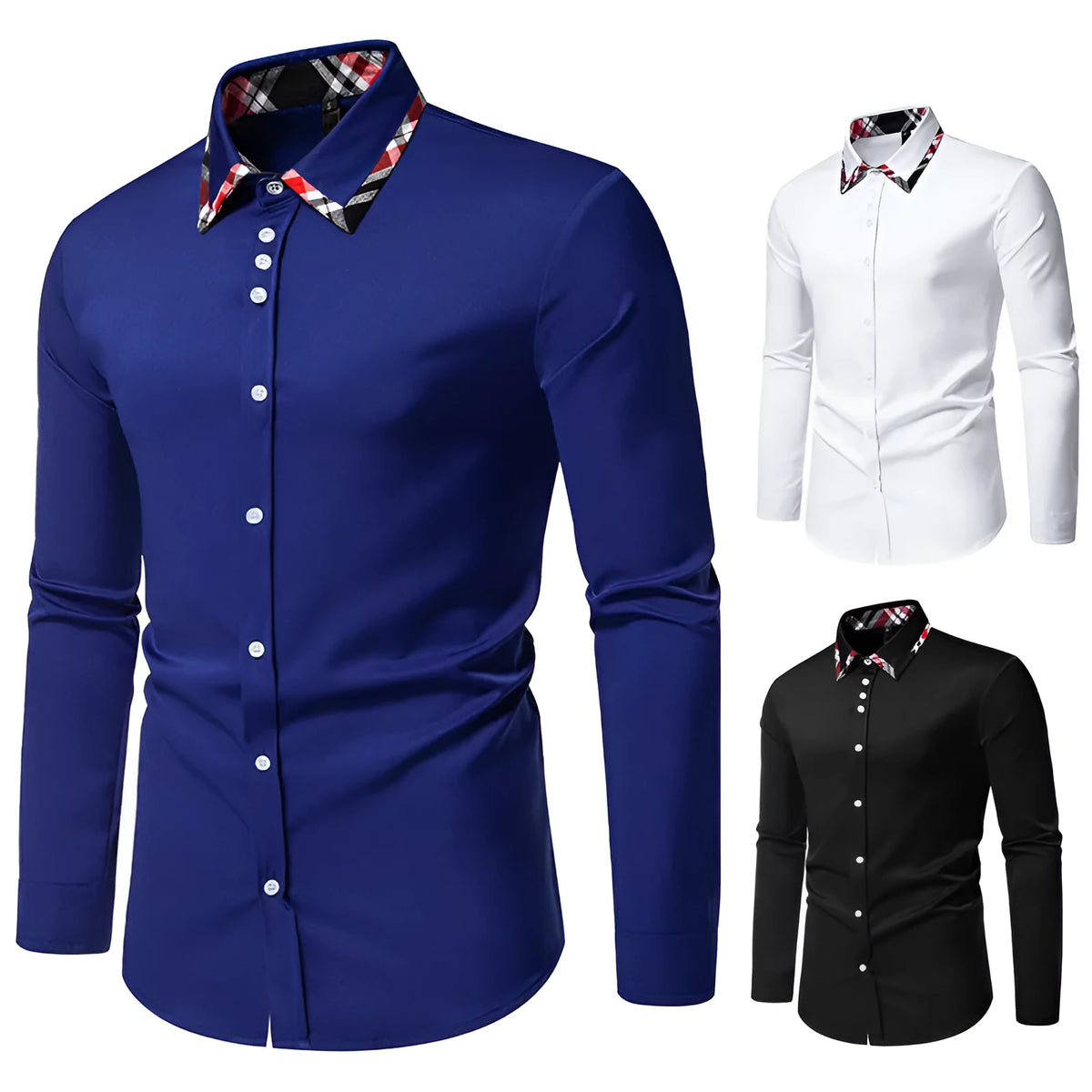 Men's plaid long sleeve shirt with contrast colour triangle collar in chemical fibre blend fabric