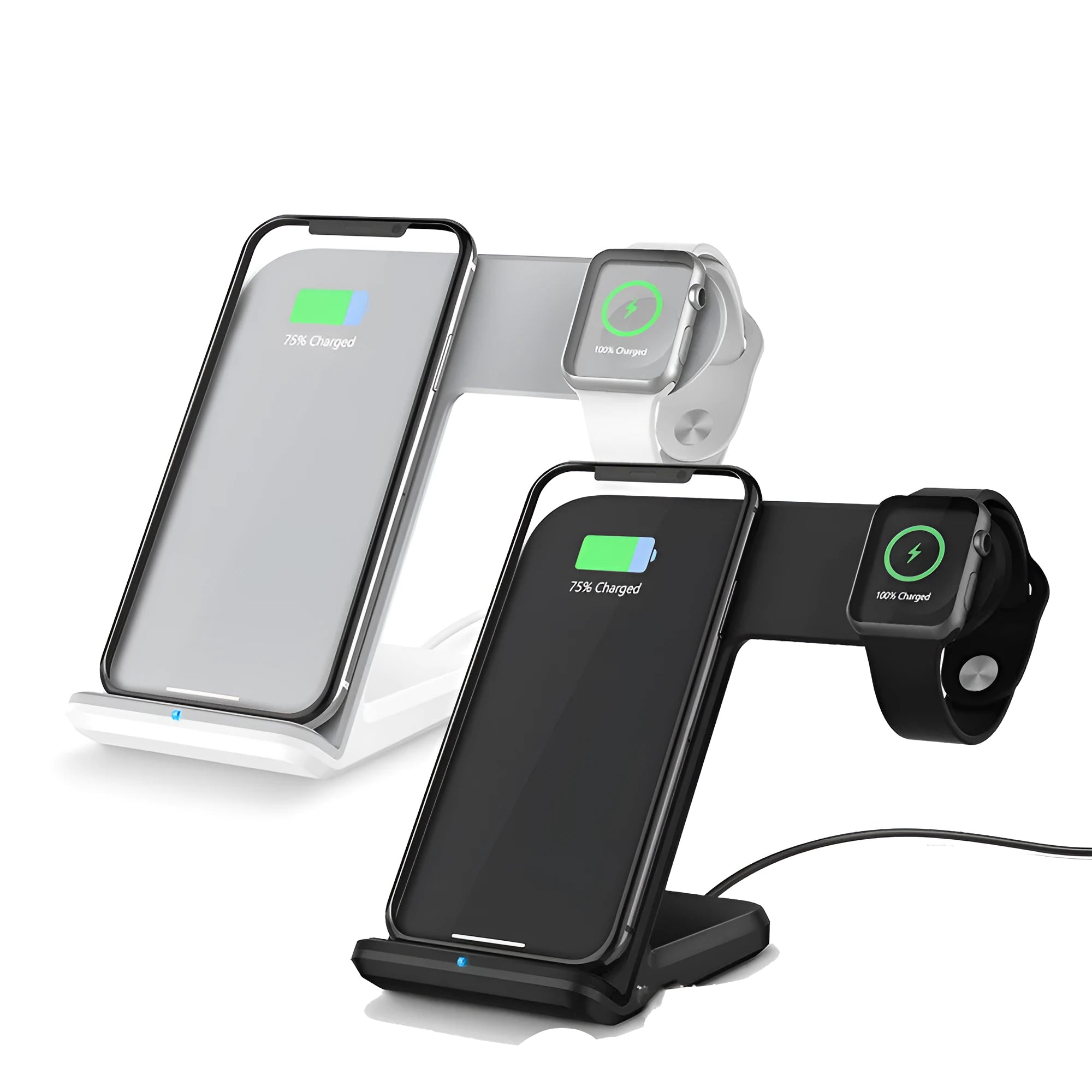 Black and white wireless phone charging pad on a desk with a Type-C cable