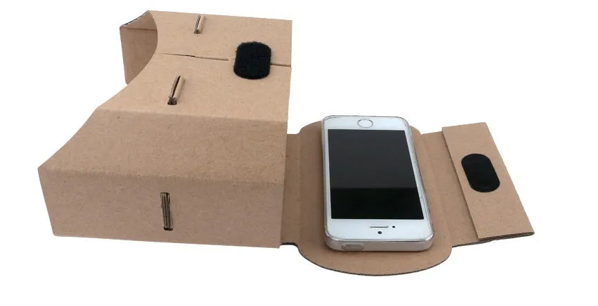 Corrugated paper virtual reality glasses for smartphones with 3D viewing.