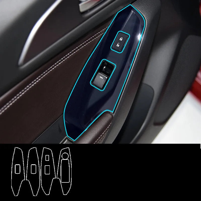 Four TPU protective films for a 14-19 car door control panel, showing transparent and black finish options.