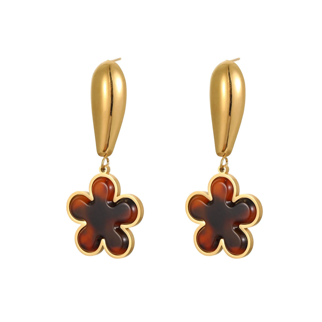 Tortoiseshell resin hawksbill colour earrings with 18K gold plating on stainless steel, showing heart and flower geometric designs