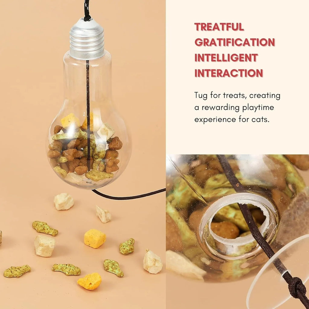 Interactive cat toy hanging on door frame with elastic rope, dangling mouse toy, and treat reward bulb