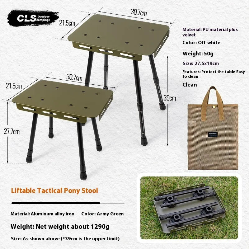 CLS Outdoor aluminium dual-use folding camping stool shown in table and stool mode with beige cushion.