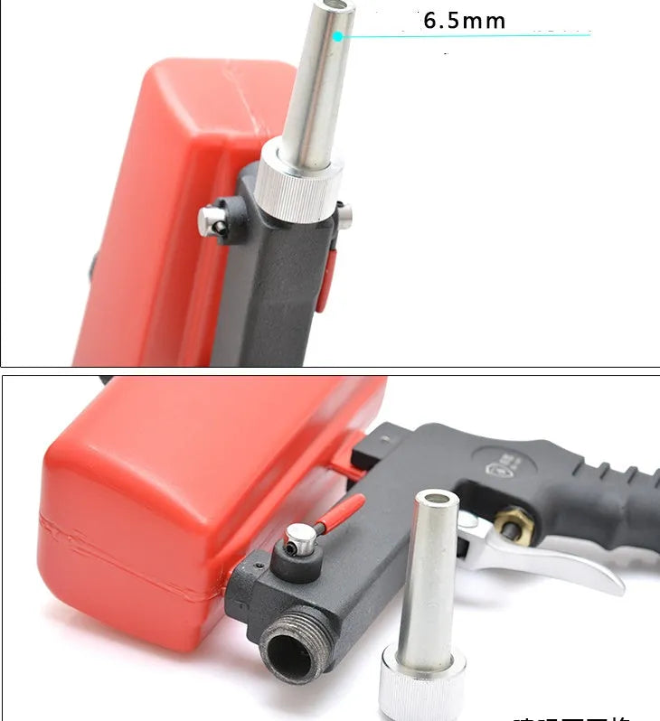 Portable black and blue pneumatic sandblasting gun with gravity-feed pot for rust removal and descaling.