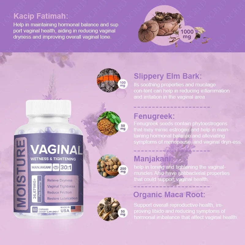 Bottle of 60 herbal vaginal capsules with licorice, angelica, and skullcap extracts