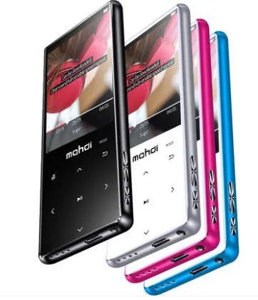 Silver portable MP4 player with 2.4 inch touch screen, showing music playback interface.