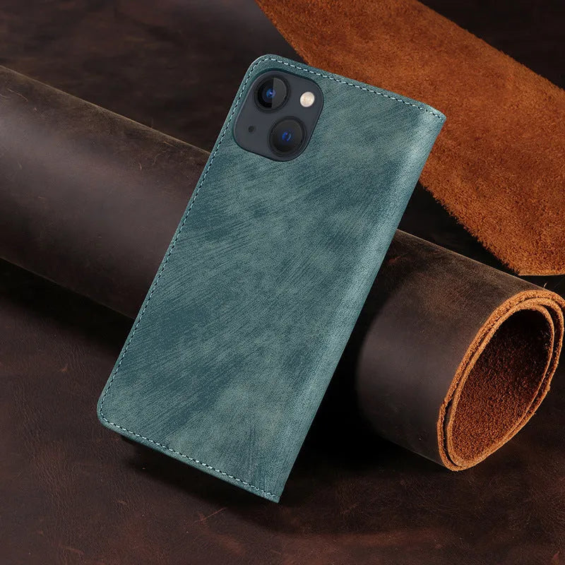 Magnetic flip phone case for iPhone in a choice of colours showing leather cover and TPU body.