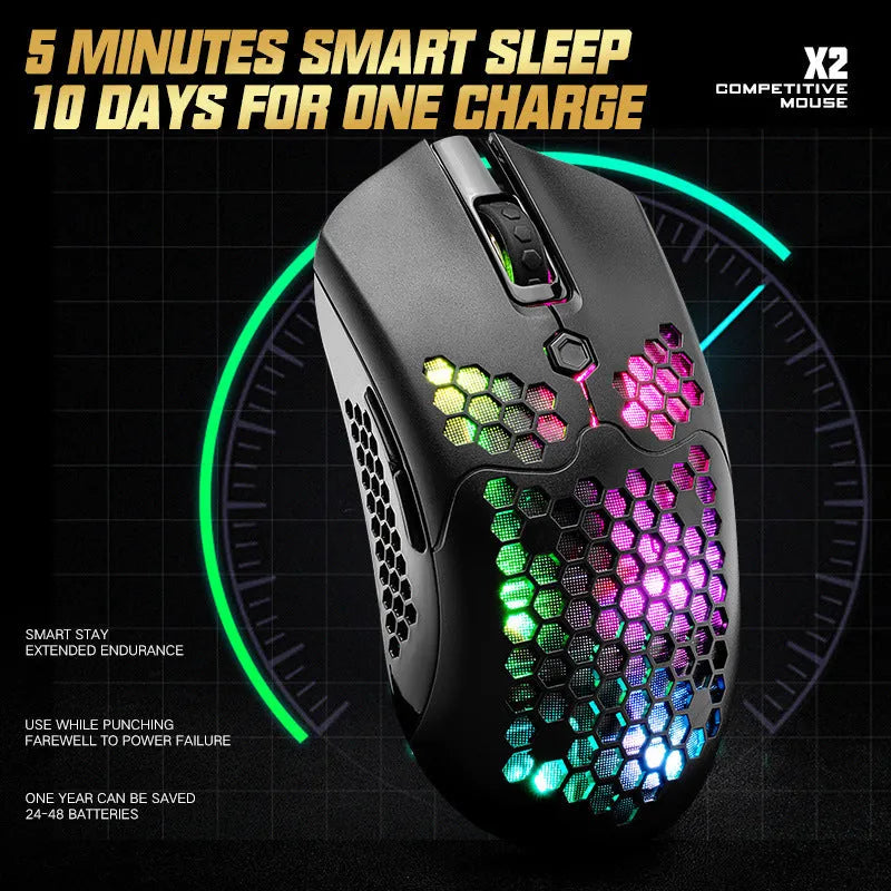 Free Wolf X2 wireless gaming mouse in black, green, pink, white, or yellow with RGB lighting.