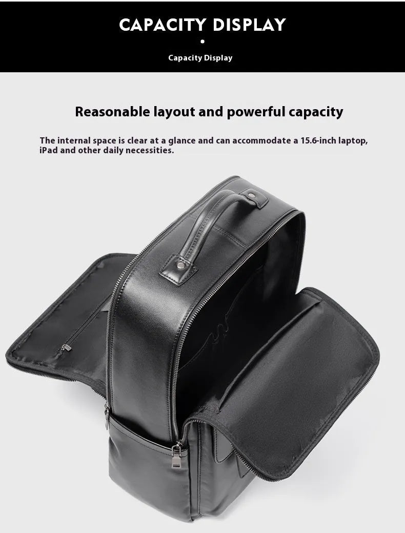 Large black genuine leather men's backpack with woven detail and a curved back panel.