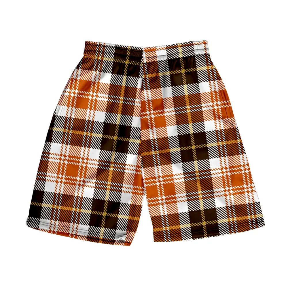 Men's plaid pattern shorts with elastic waistband in straight leg design for casual wear