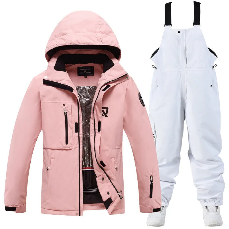 Men's and women's waterproof ski suit in blue with black trousers for winter snow sports