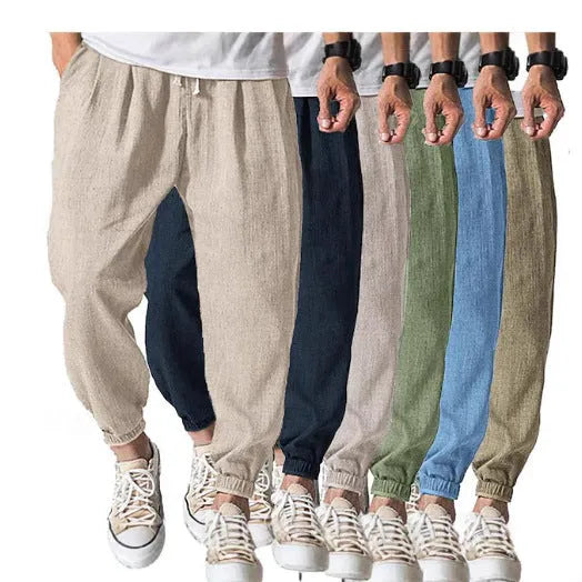 Men's loose cotton casual trousers with banded ankles in light green colour