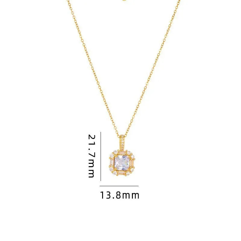 Women's titanium steel clavicle chain with geometric quadrilateral gem pendant and water wave chain