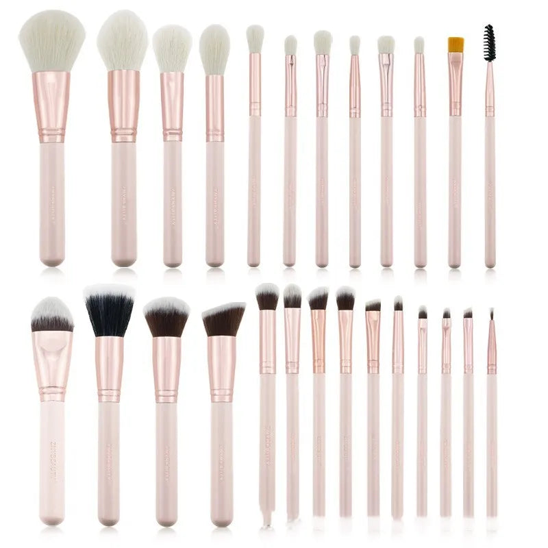 26 pink makeup brushes with wooden handles in PU storage case