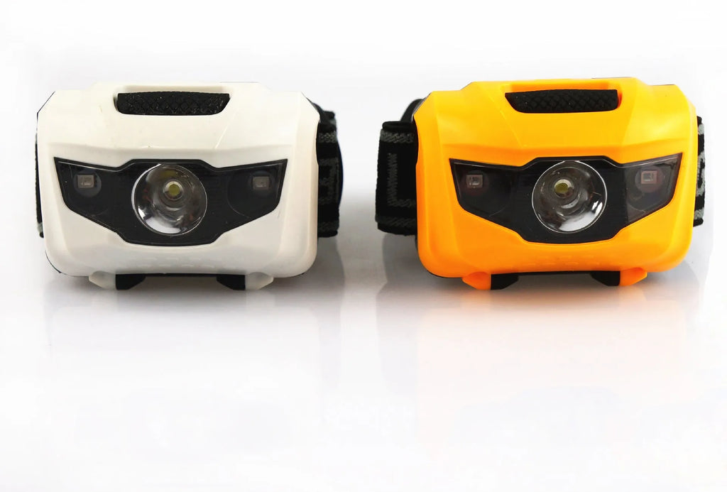 Cat Eye 2 generation waterproof head torch in black, orange, purple, or white with white and red LEDs.