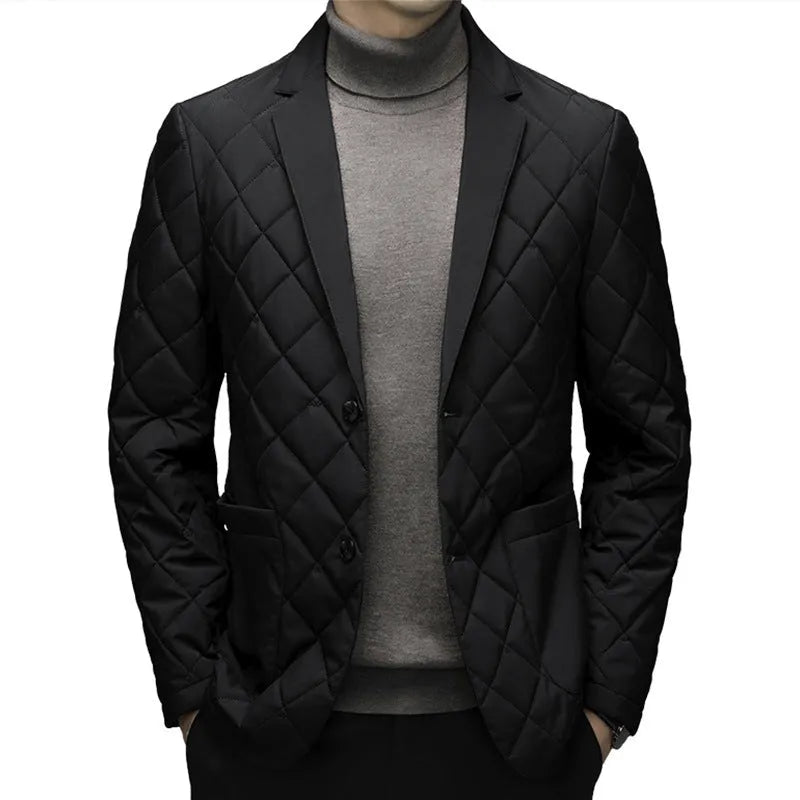 Men's black thick down jacket with lapel collar and side seam pockets, cardigan style.