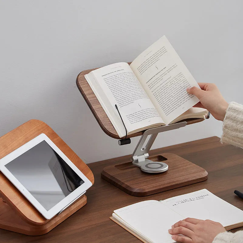Solid walnut wood adjustable reading rack with rotating mechanism holding book and tablet
