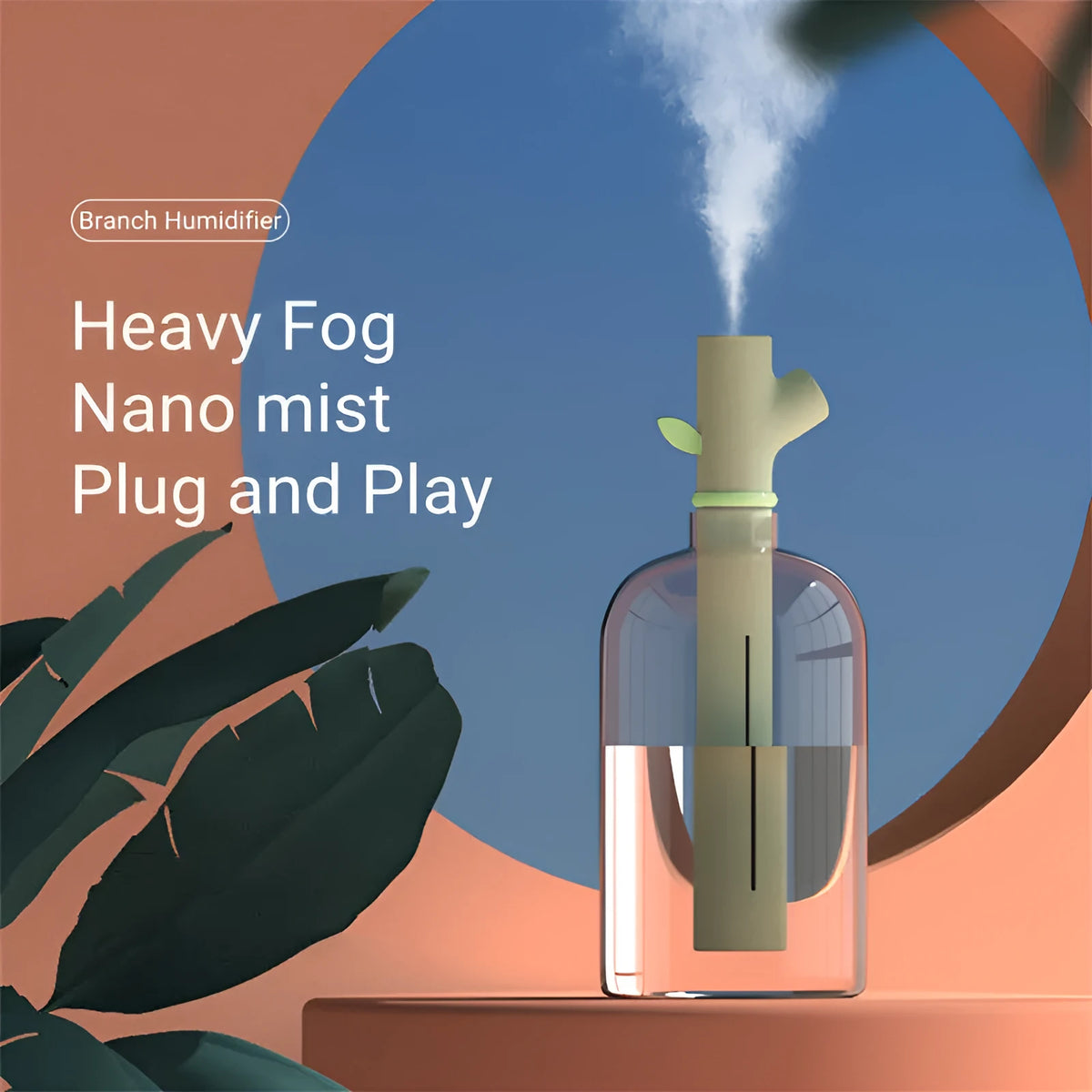 Transparent plastic portable USB humidifier on a desk with mist output