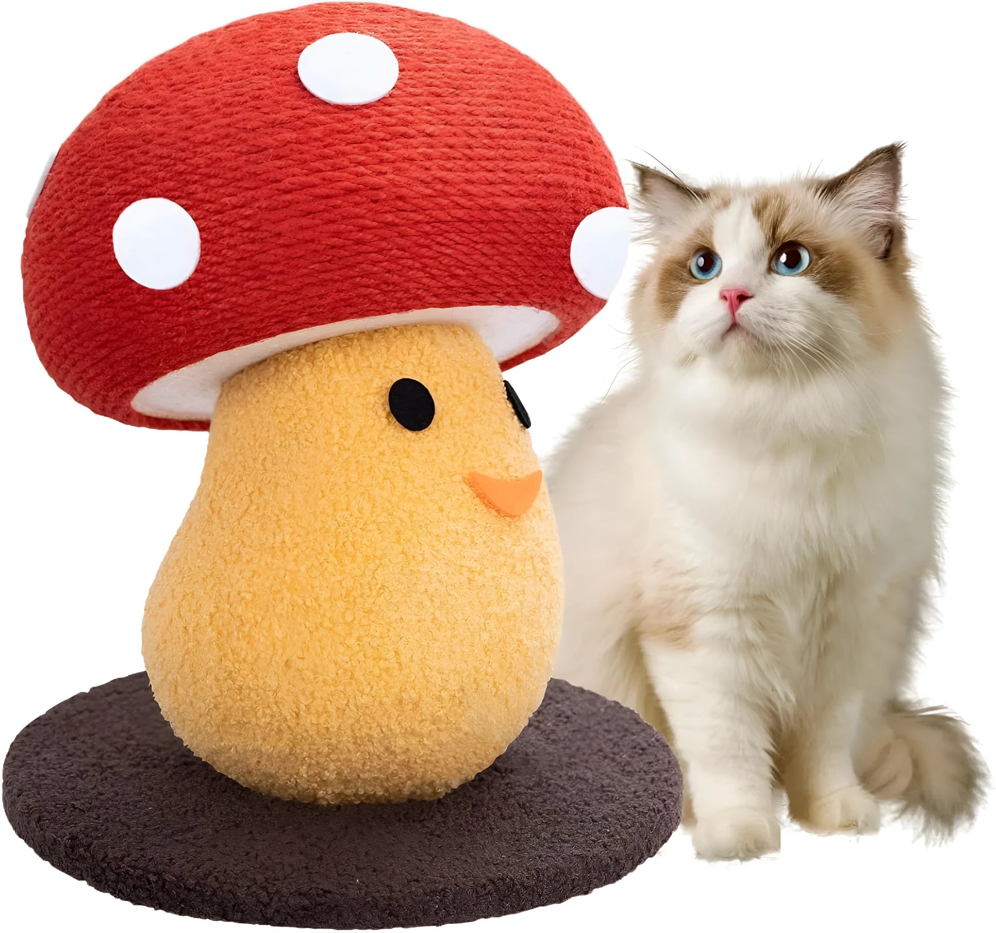 Round mushroom-shaped cardboard cat scratcher with accordion folds for furniture protection