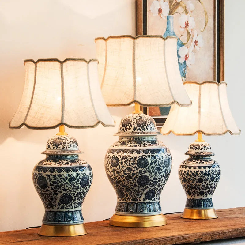 Chinese blue and white porcelain table lamp with ceramic base and cloth shade