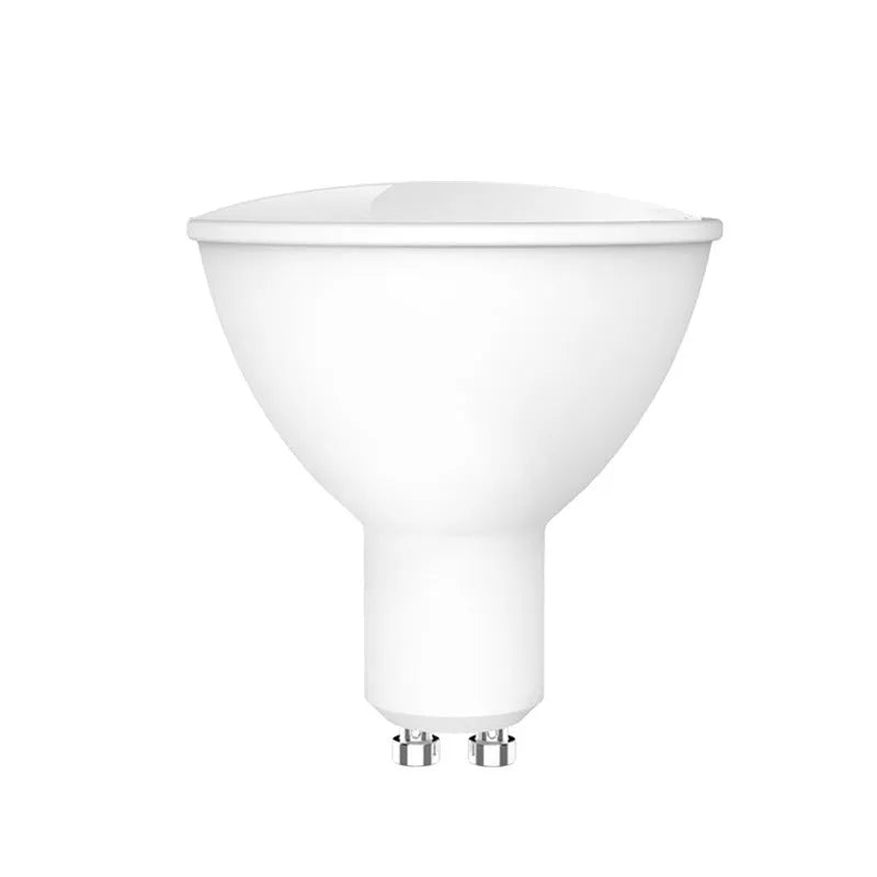 Smart RGBCCT colour-changing GU10 LED spotlight bulb with standard two-pin base.