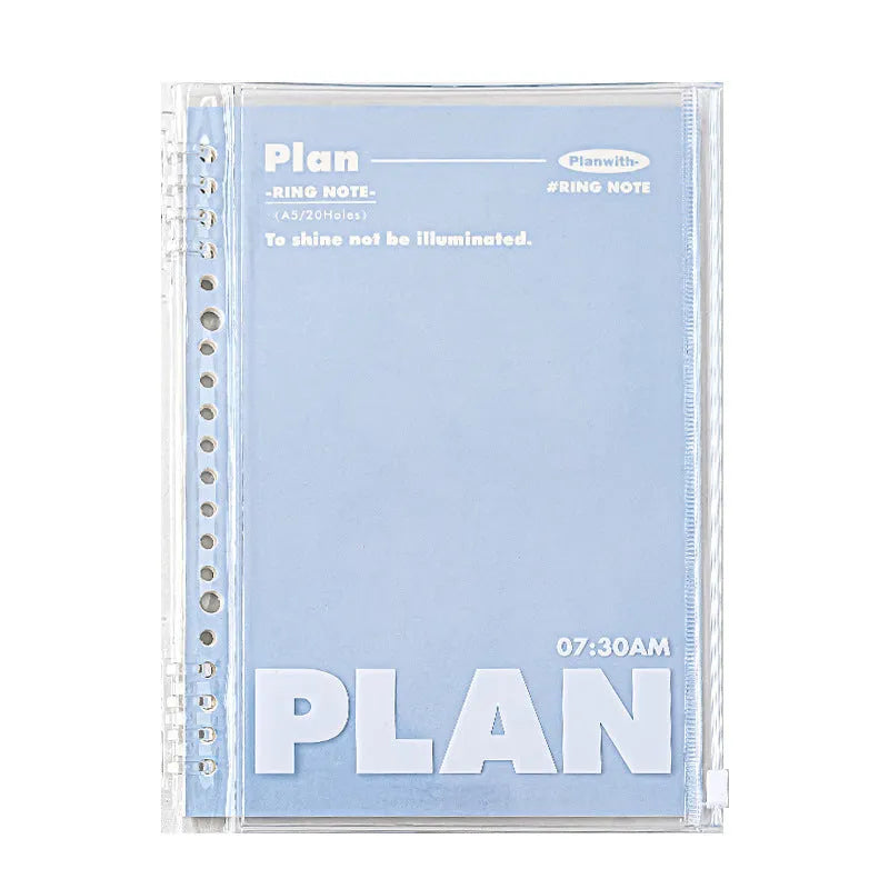 Clear A5 PVC spiral binder organiser for loose papers, shown in blue and white colour options.