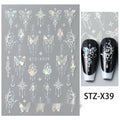 Black and silver love pattern nail art stickers on sheets for manicure decoration.