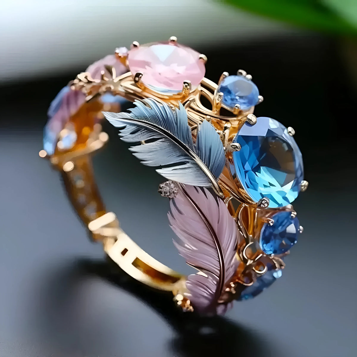 Gold colour brass feather ring with embossed design and inlaid zircon stones